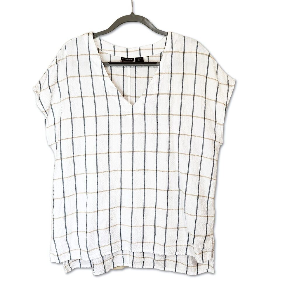 Tahari Linen Windowpane Cap Sleeve Tunic Top Size Large